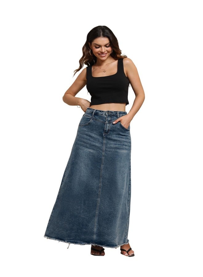 CHARTOU Women Vintage Denim Maxi Skirt Frayed Raw Hem High Waist A-Line Long Jean Skirt (X-Large, Blue) - Image 3
